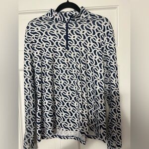 Gottex Navy and White Chain-Link Print Long Sleeve Top mock neck 1/4 zip